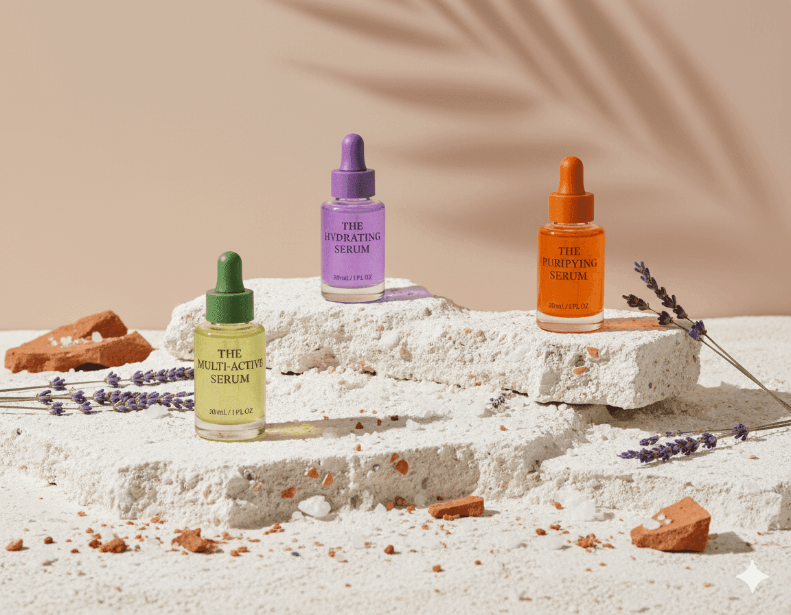 Three serum bottles on stone slabs with lavender sprigs and bricks in a natural setting.