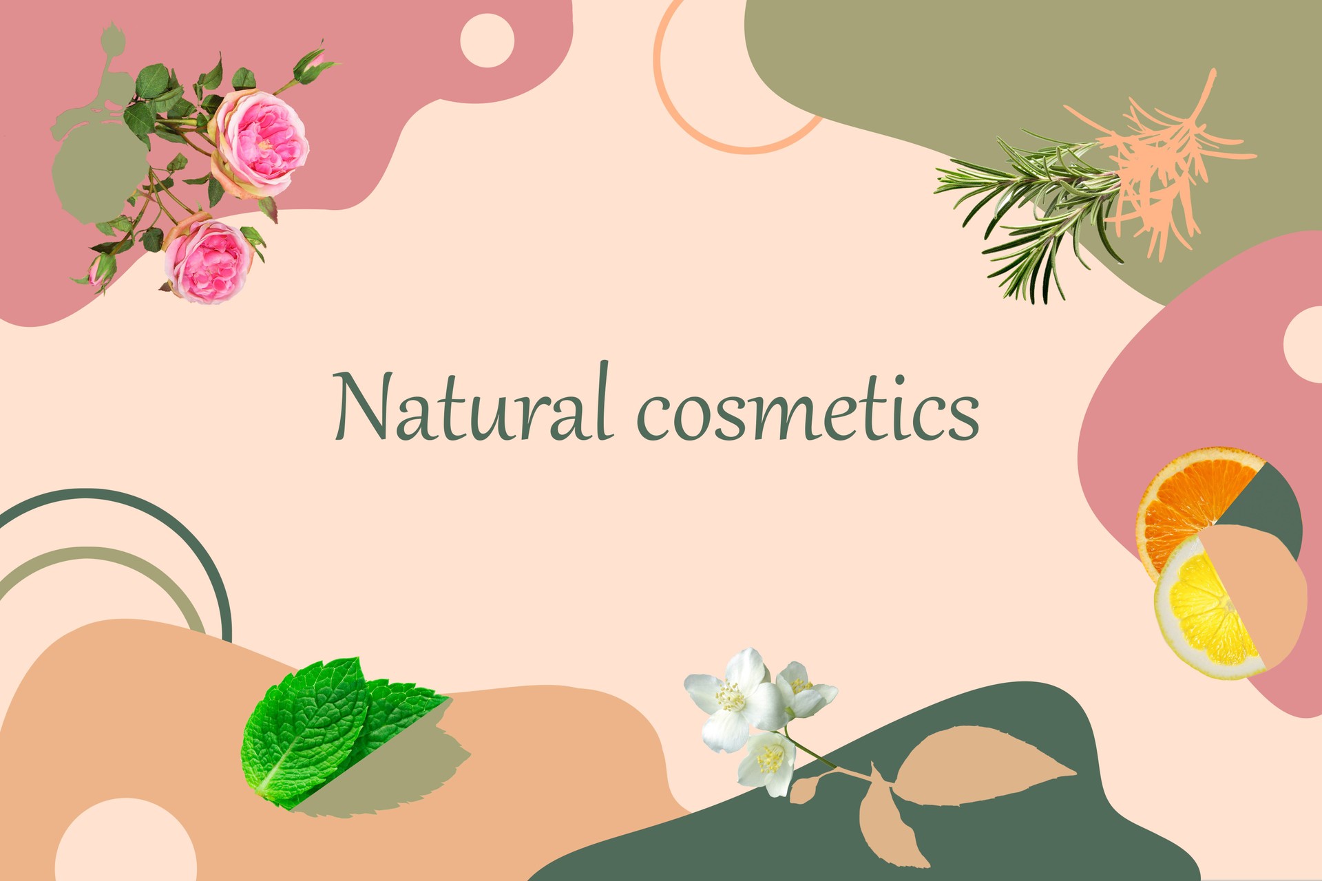 Collage de arte contemporáneo de romero, naranja, limón, jazmín, menta, rosa de té.